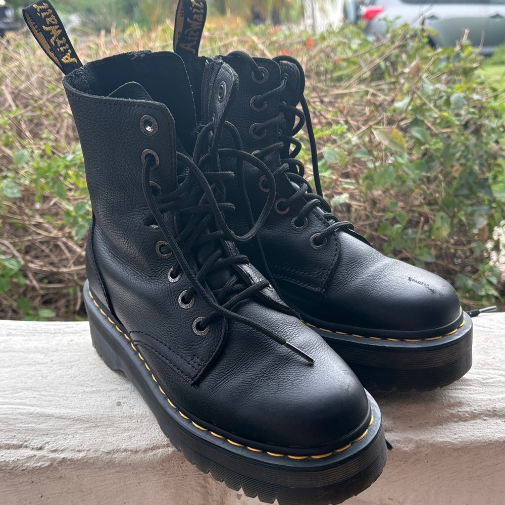 Dr. Martens Black Leather Lace-Up Platform Boots with Yellow Stitching